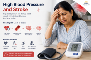 Woman checking high blood pressure with stroke risk and brain blood vessel damage illustration